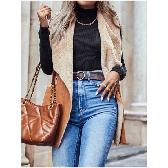 Cozy Camel Vegan Suede Teddy Pocket Vest Fall - Picture 3 of 5
